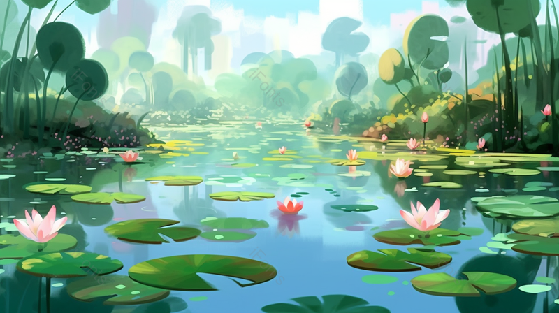 水粉荷花荷叶节气插画背景绿色,插画/手绘图,插画/手绘图库,插画/手绘图下载,插画/手绘
